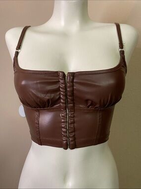Windsor Brown Faux Leather crop bustier corset Top XS 💕